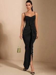 SHEIN BAE Tight Ruched Sexy & Elegant Front Ruffle Decor Long Dress For Women With Chest Cup