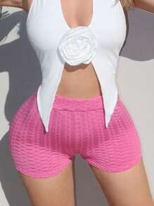 SHEIN SXY 女款純色紋理短褲，適用於度假運動休閒短褲 - 玫紅色 - 查看 3