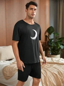 Simple Casual Men's Pajama Set - Black - View 5