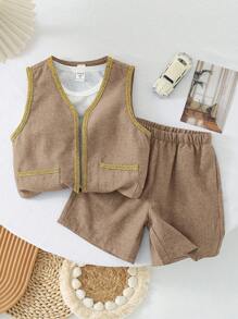 SHEIN Ensemble décontracté de 2 pièces pour garçon, confortable, à la mode, basique, doux, respirant, composé d'un haut à manches courtes et d'un short en mélange de lin avec bords dorés, adapté pour les tenues de printemps-été - Nude - Voir 1