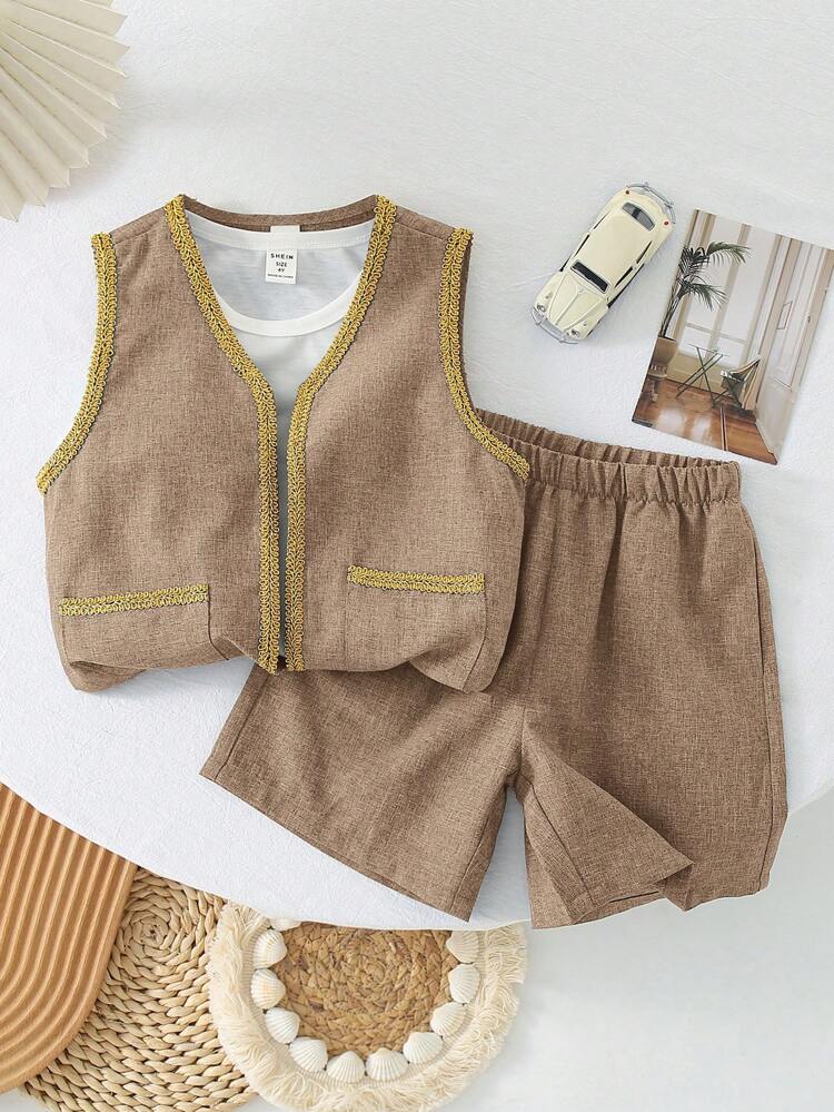 Young Boy 2-Piece Casual, Comfortable, Fashionable, Basic, Soft, Breathable, Linen Blend Short-Sleeved Top And Shorts With Golden Edges Suitable For Spring Summer Outfits