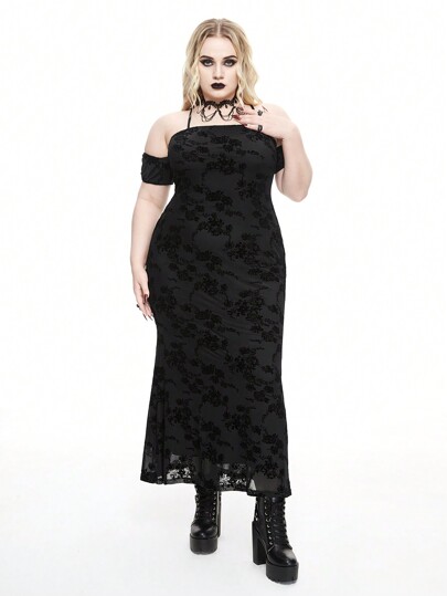 Goth Mesh Embroidered Flowers Open Back Fitted Hip & Fish Tail Hem Plus Size Dress
