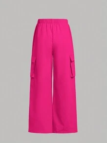 SHEIN Girlism 少女用拉鍊口袋打褶細節立領針織T恤和長褲套裝 - 玫紅色 - 查看 7