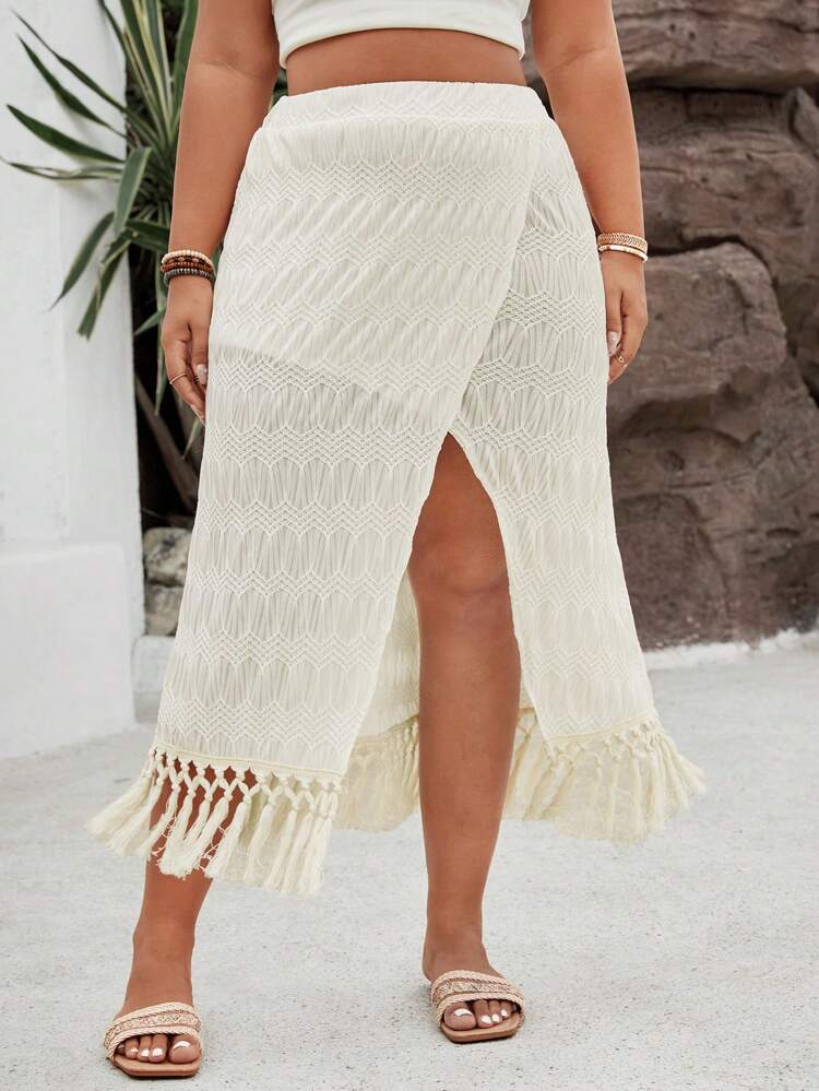 Plus Size Women Solid Color Fringe Hem Texture Midi Skirt With Slit