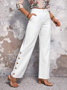 EMERY ROSE Women Fashionable Loose Jeans With Solid Color And Button Decorated - White - View 1