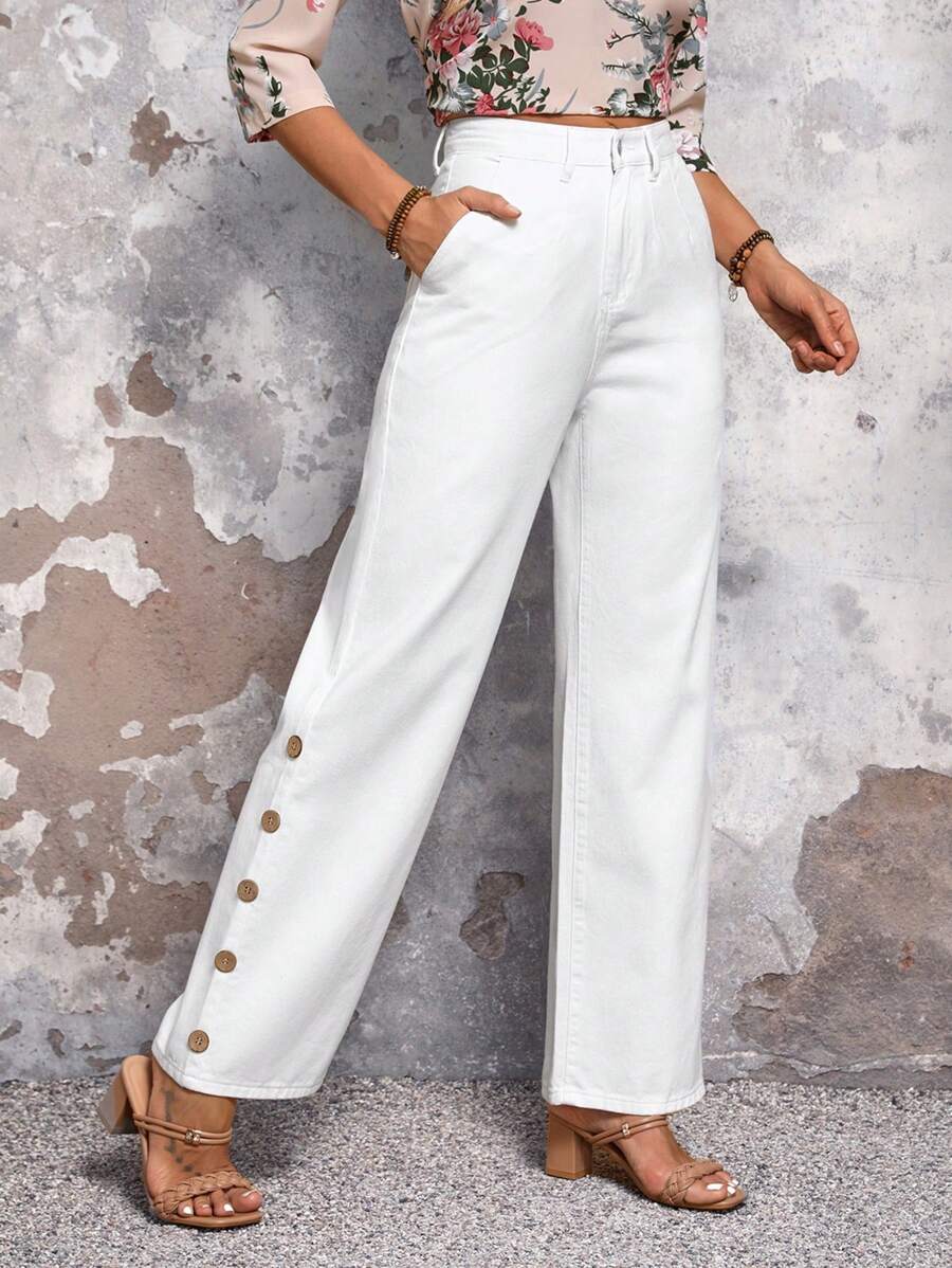 EMERY ROSE Women Fashionable Loose Jeans With Solid Color And Button Decorated - White - View 1