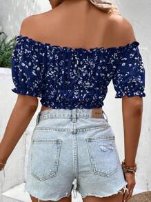 SHEIN VCAY Women Vacation Style Casual Off-Shoulder Elastic Cropped Top With Floral Print
