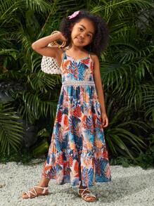 SHEIN SLAYR KIDS Young Girl Loose And Casual Sleeveless Spaghetti Strap Woven Floral Print Vacation Dress - Multicolor - View 5