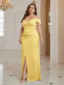 SHEIN Belle Off-Shoulder Strap Fish-Tail Hem With Crossed And High Slit Front Plus Size Bridesmaid Dress - Yellow - View 1