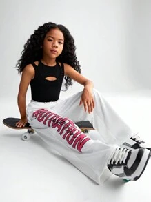 SHEIN Tween Girl 针织无袖上衣，镂空细节，字母印花，口袋，抽绳长裤休闲两件套 - 彩色 - 查看 7