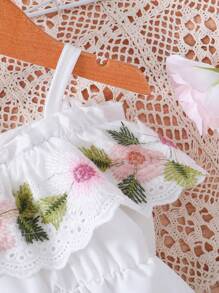 嬰兒女孩優雅刺繡露肩連身褲，舒適寬鬆設計，適合度假和休閒 - 白色 - 查看 3
