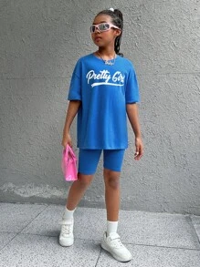 SHEIN Leap Crew Tween Girl Street Style Spring/Summer Knit Round Neck Short Sleeve And Shorts Set - Royal Blue - View 3