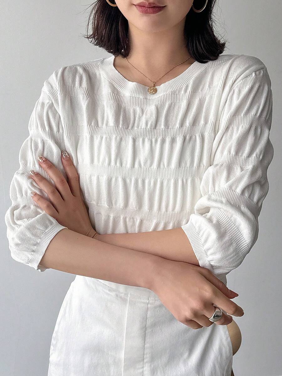 FRIFUL 女士圓領純色中袖休閒針織上衣 - 杏色 - 查看 1