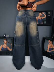 SHEIN ICON Quần jean denim rách thời trang phong cách cổ điển có túi khóa kéo và thiết kế ống rộng - Màu xanh lam - Xem 5