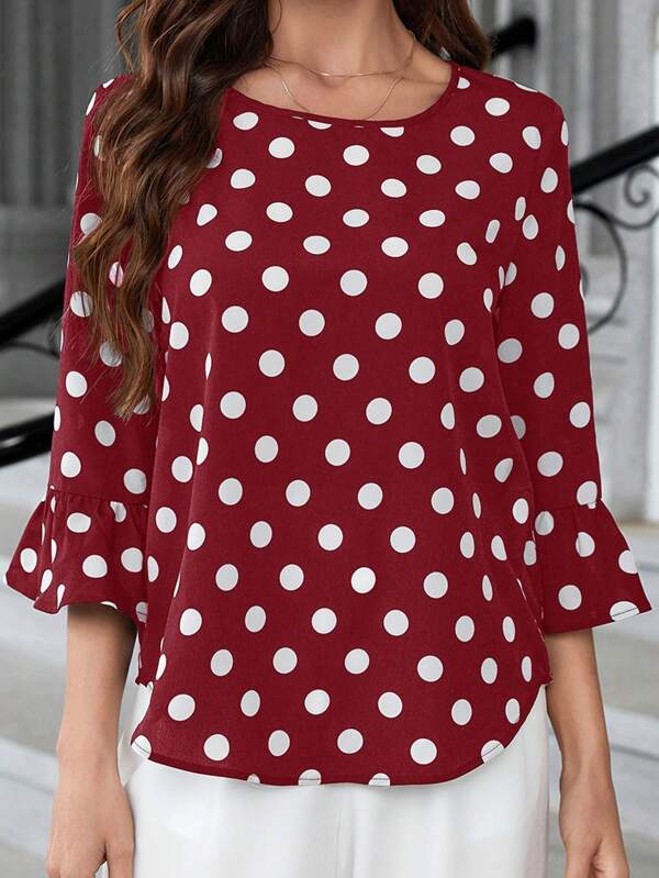 EMERY ROSE Women Summer Polka Dot Print Round Neck Loose Fit Blouse With Flare Sleeves