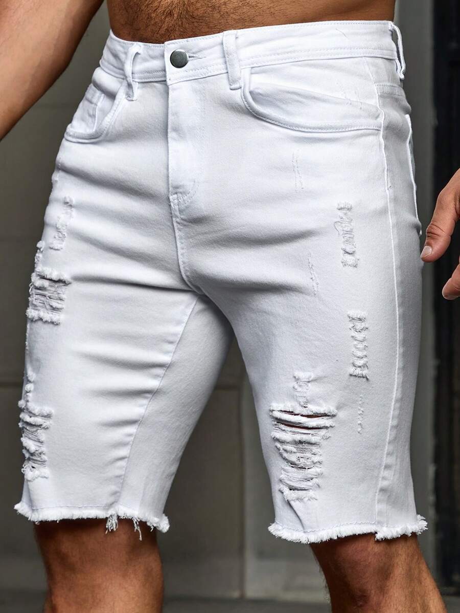 Manfinity Homme 男士白色牛仔短裤，做旧细节和插袋，休闲日常穿着