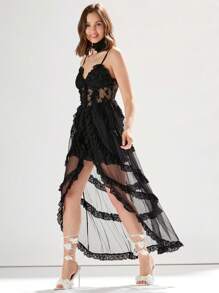 Enchnt 女性時尚純色蕾絲網帶洋裝 - 黑色 - 查看 6