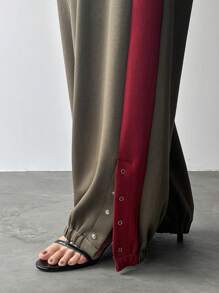FRIFUL Mujeres Pantalones holgado de bloques de color lateral a la moda para uso casual