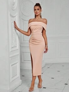 ADYCE Elegant One Shoulder Pleated Front Slit Backless Midi Party Dress For Prom Birthday Party Evening Date Homecoming Party Wedding Guest Cocktail Reception Family Festival - Apricot - View 7