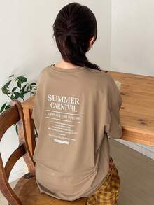 FRIFUL Women Round Neck Letter Printed Summer Casual T-Shirt - Khaki - View 3