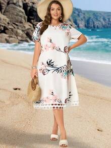 EMERY ROSE 大尺碼女士多彩花卉印花短袖連衣裙 - 白色 - 查看 5
