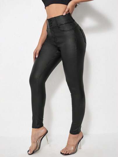 بنطلون نسائي بخصر عالي وجيوب، بفتة جسم بسيطة