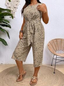 SHEIN Clasi Mono estampado sin mangas y pierna ancha para mujeres de talla grande con cintura elástica y diseño a la moda