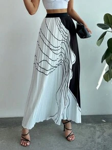 Firerie Abstract Line Contrast Color Pleated Elegant Commuter Skirt