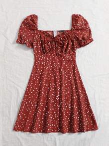 SHEIN VCAY Women Random Polka Dot Print Square Neckline Dress - Rose Red - View 5
