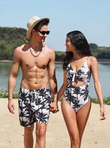 Manfinity VDAYZ 1 pièce Short de plage à cordon de serrage avec graphique pour hommes (imprimé coupe aléatoire). Short de piscine pour la plage, les vacances, les maillots de bain assortis pour couples, Hawaïen