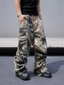 Manfinity EMRG 男士休闲宽松分枝印花工作服牛仔裤长款宽松迷彩洗水工装牛仔裤，适合丈夫、男朋友的礼物 - 軍綠色 - 查看 4