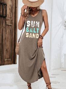 Calvaya Vacation Style Printed Knit Dress With Sleeveless Tank Top, For Beach And Summer - Mocha Brown - View 1