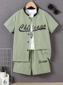 SHEIN Boys Letter Graphic Baseball Collar Shirt & Shorts Without Tee
