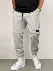 Manfinity Hypemode Men Patched Detail Drawstring Waist Sweatpants, Going Out Casual Light Grey Sweatpants, For Husband, Boyfriend Gifts