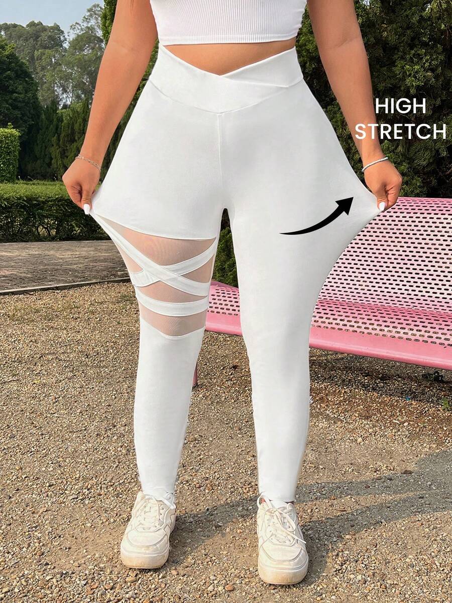 CovetEZ Cộng với kích thước chồng chéo eo sợi lưới nối xà cạp co giãn cao - trắng - Xem 1