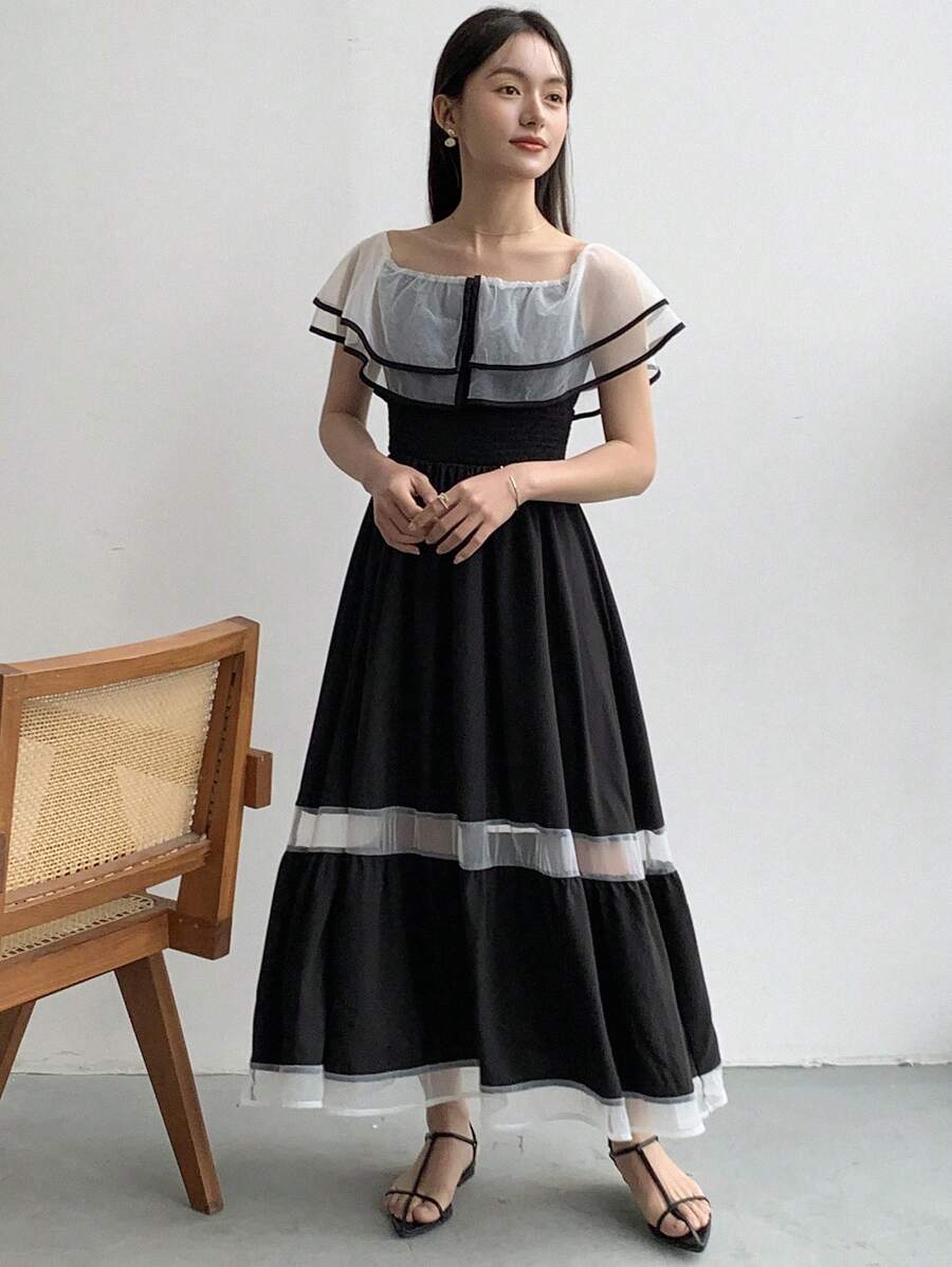 FRIFUL Đầm maxi thời trang nữ thiết kế lưới tương phản. - màu đen - Xem 1