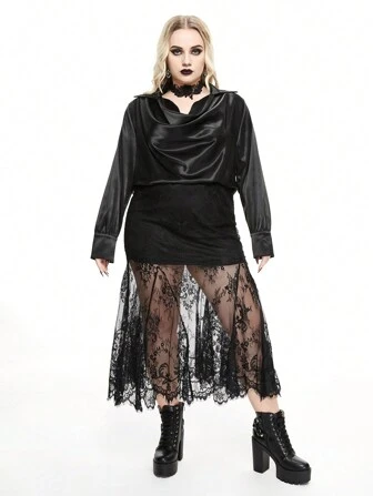 Goth Camisa suelta de satén con cuello de caída oscura para festival de música country occidental, sexy, de talla grande