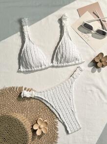 Swim Mod Women Summer Beach Fashion Solid Textured Bikini Swimwear Set - White - View 1