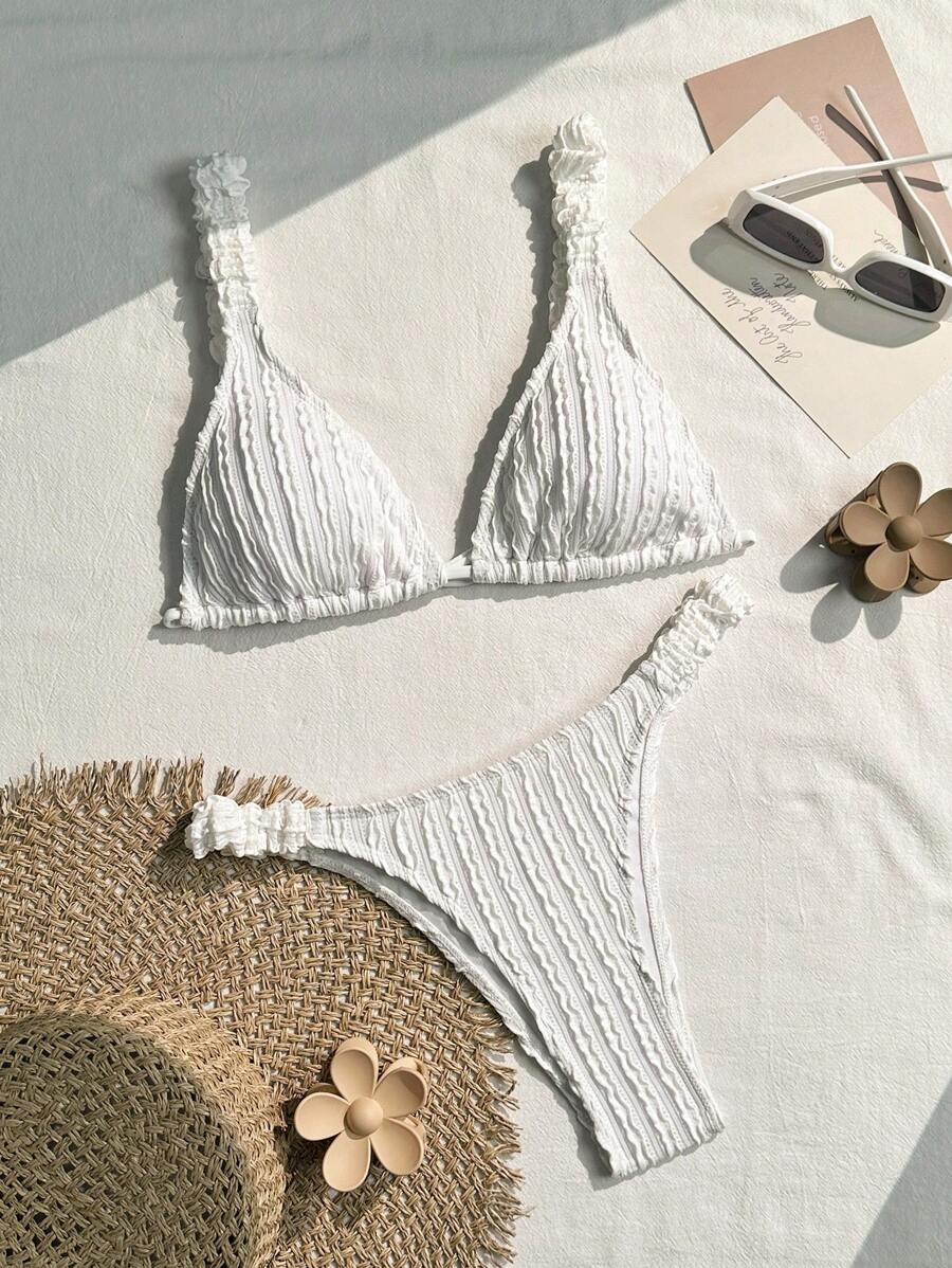 Swim Mod Women Summer Beach Fashion Solid Textured Bikini Swimwear Set - White - View 1