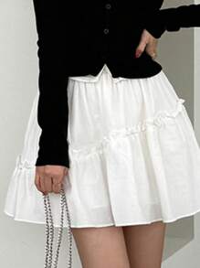 DAZY 女士夏季休闲纯色短款A字裙，带荷叶边装饰 - 白色 - 查看 6