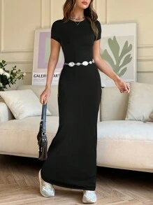 SHEIN EZwear Women Round Neck Slim Fit Short Sleeve Dress For Daily Wear In Spring And Summer,Summer Dresses For Women