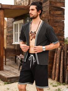 Genlund Men Summer Striped Open Front Short-Sleeved Shirt And Shorts Casual Holiday Set - Black - View 1