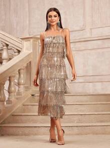 SHEIN Belle 亮片细肩带流苏 V 领中长款优雅舞会礼服婚纱舞会半正式婚礼宾客礼服，适合生日、毕业典礼、返校节节日派对服装 - 香檳色 - 查看 7