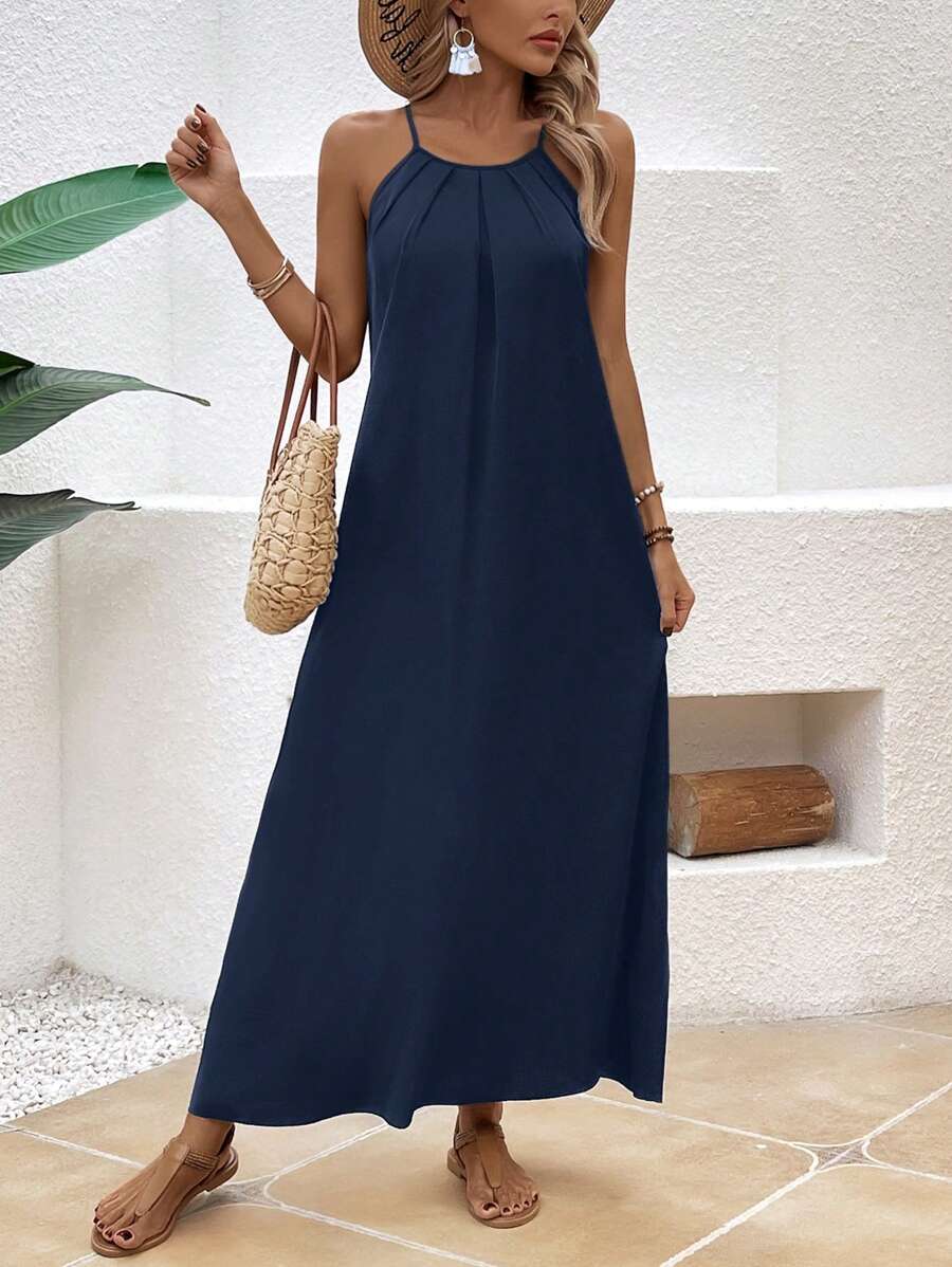 SHEIN LUNE 夏季女士打褶荷葉領A字搖擺裙，休閒度假連衣裙