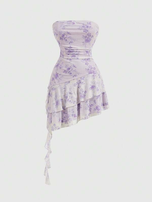 SHEIN MOD Purple Gradient Strapless Floral Double Layered Ruffle Asymmetrical Hem Dress With Sash