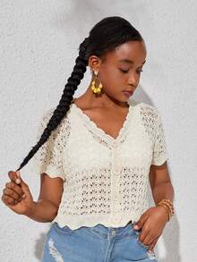 SHEIN Gilet décontracté à manches courtes en jacquard pour jeune fille avec motif creux - Nude - Voir 5