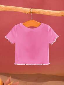 THE POWERPUFF GIRLS X SHEIN Baby Girl Cartoon Print Contrast Lettuce Trim Rib-Knit Crop Top, Summer