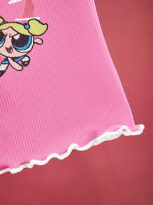 THE POWERPUFF GIRLS X SHEIN Baby Girl Cartoon Print Contrast Lettuce Trim Rib-Knit Crop Top, Summer