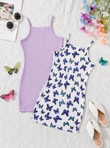 SHEIN 2pcs/Set Young Girl Butterfly Printed Elastic Fitted Strap Dress For Summer - Multicolor - View 2