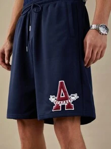 Manfinity VCAY Pantalones cortos casuales para hombres con cintura con cordón y estampado de letras, verano, de vuelta al colegio
